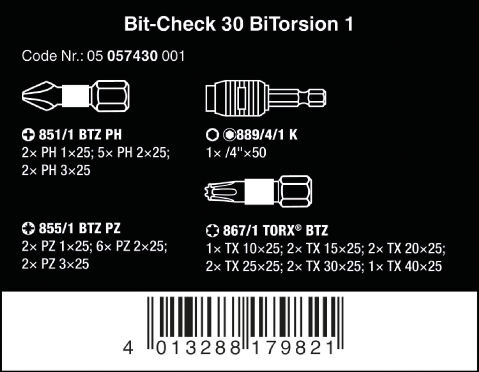 Набор торсионных бит (30пр.) с битодержателем Bit-Check 30 BiTorsion 1 WERA 05057430001