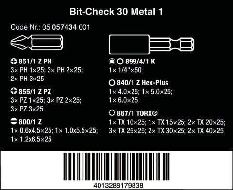 Набор бит Bit-Check 30 Metal 1 Wera 05057434001
