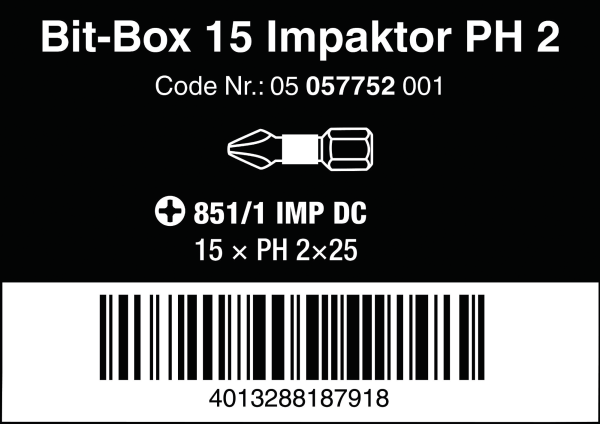 Бита торсионная PH 2 (15шт.) 851/1 IMP DC 15 x PH 2x25 WERA 05057752001