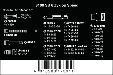 Набор головок и бит 3/8" с трещоткой 8100 SB 6 WERA 05004046001
