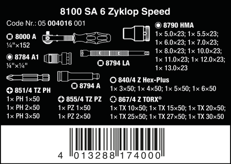 Набор головок и бит с трещоткой 1/4" 8100 SA 6 WERA 05004016001