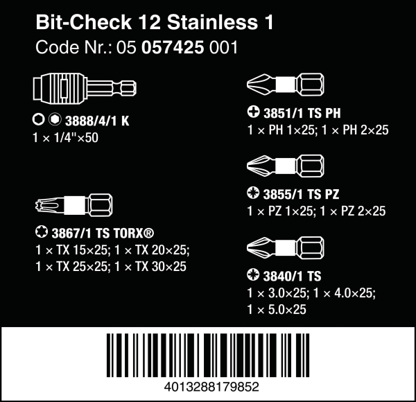 Набор бит Bit-Chek 12 Stainless 1 WERA 05057425001