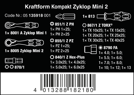 Трещотка с набором бит и головок Kraftform Kompakt Zyklop Mini 2 Wera 05135918001
