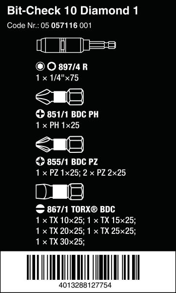 Набор бит Bit-Chek 10 Diamond 1 WERA  05057116001