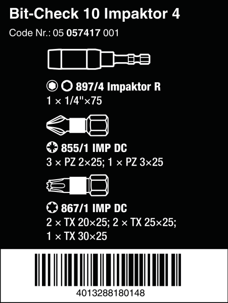 Набор бит Bit-Chek 10 Impaktor 4 WERA 05057417001