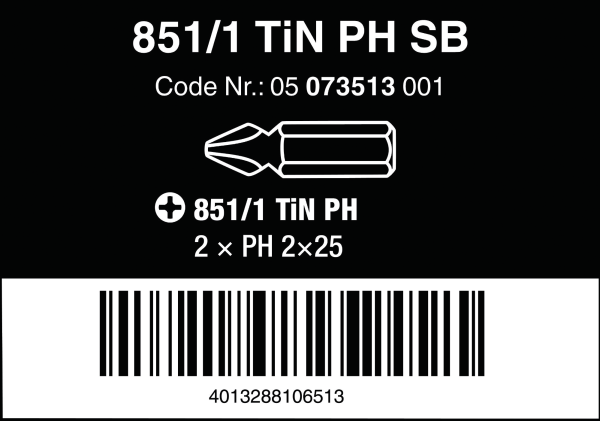 Бита PH2*25мм 851/1 TiN (2шт.) SB WERA 05073513001