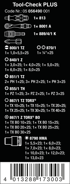 Набор бит и головок трещоткой 1/4" Tool-Check PLUS WERA 05056490001