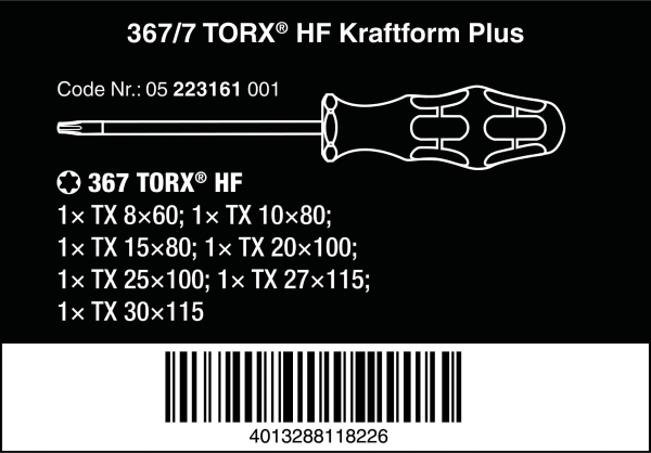 Набор отверток с фиксирующей функцией 367/7 TORX® HF Kraftform Plus WERA 05223161001